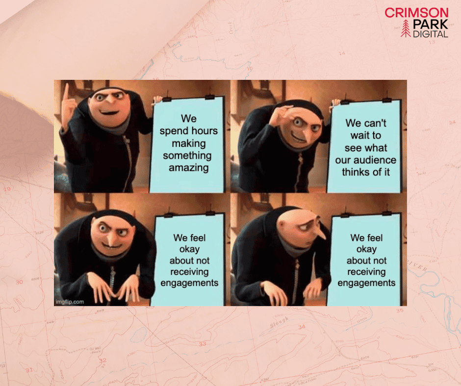 Meme of Gru from Despicable Me in which he is excited to share something he spent hours creating but feels conflicted over having to accept that it might not receive engagements. This is the dilemma of zero-click content in b2b marketing