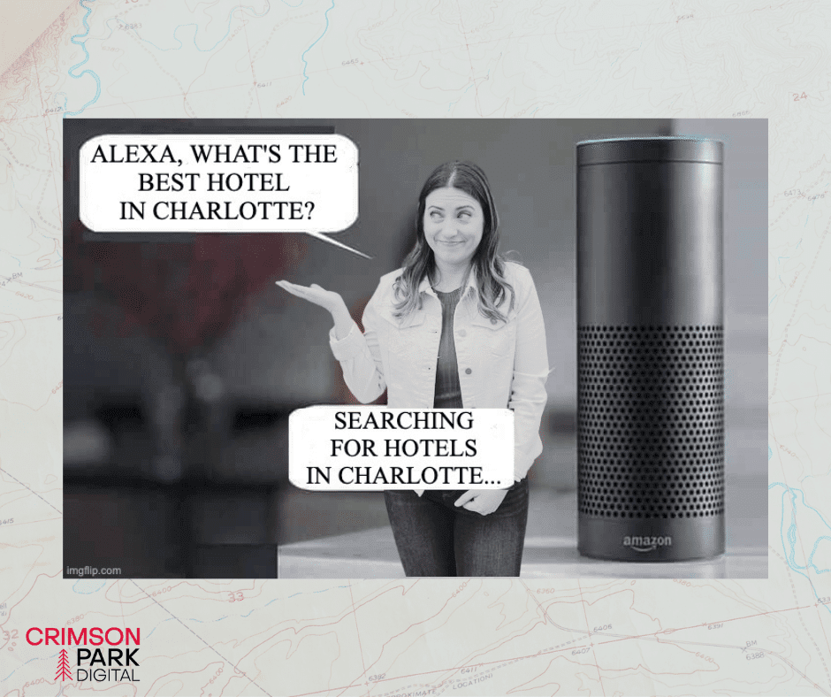 CPD founder, Alexa, asks Amazon's AI Assistant Alexa what the best hotel is in Charlotte. Alexa responds "searching for hotels in Charlotte..."