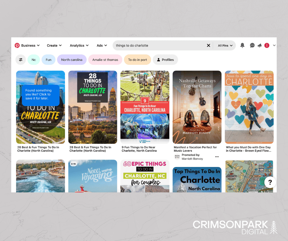 Results for things to do Charlotte_ on Pinterest. Includes listicles such as _28 things to do in Charlotte,_ Nashville Getaways Top the Charts, etc