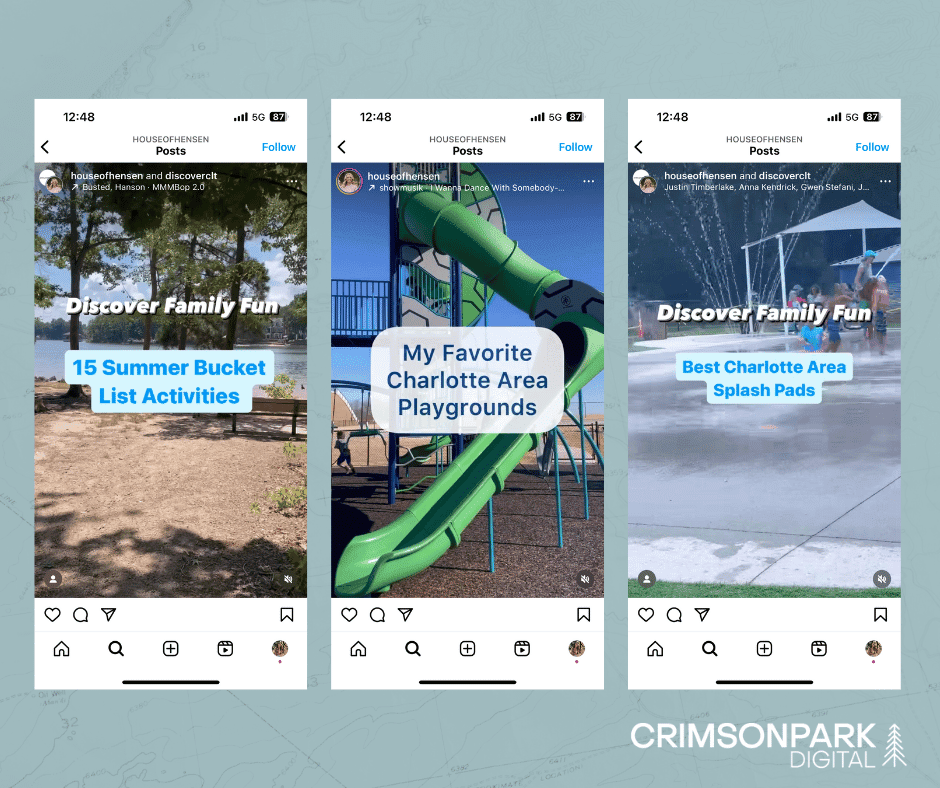 Screenshots from the Instagram account HouseOfHensen showing Charlotte area attractions