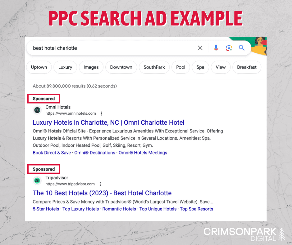 Screenshot of Google Results for best hotels in Charlotte
