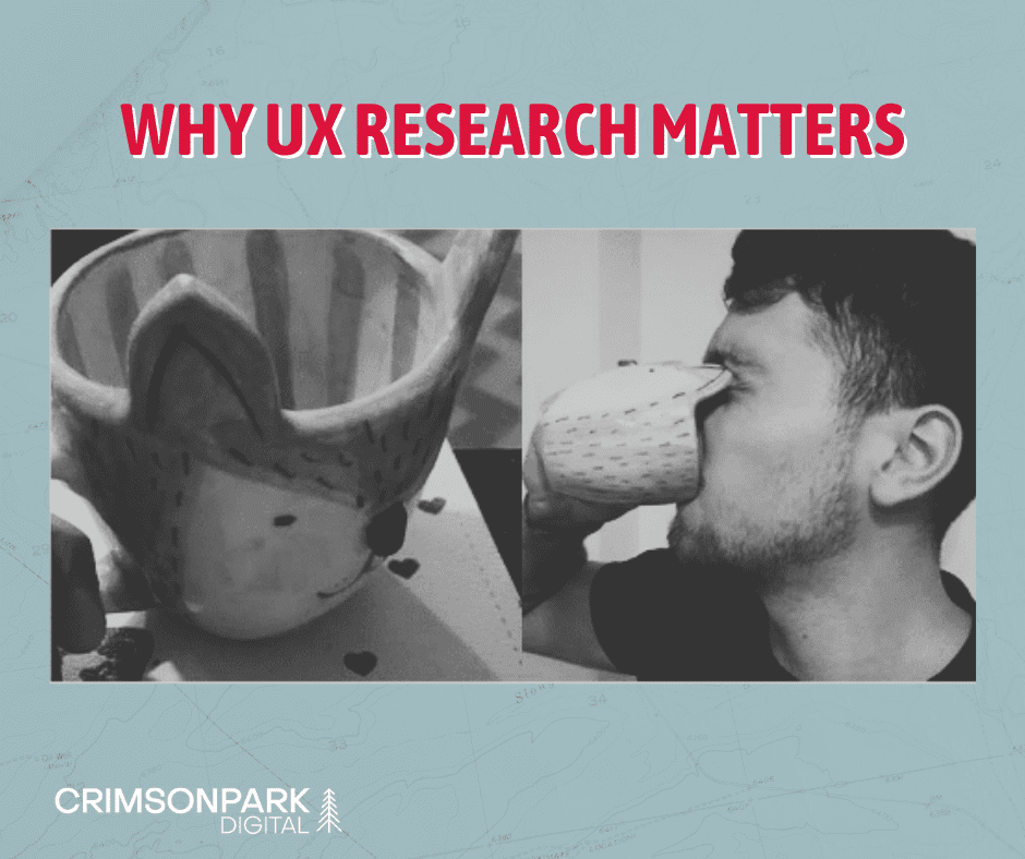 A funny image that depicts a mug shaped like a fox with long ears, but it's poorly designed because when a man goes to take a drink from the mug, the ears poke him in the eyes. It's an example of poor user experience.