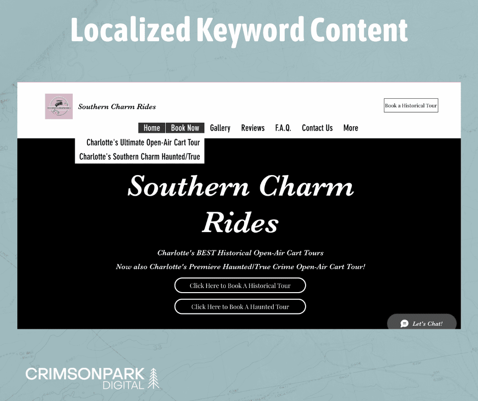 A screenshot from southerncharmrides.com shows how the term 'Charlotte' has been woven into website content for optimal visibility in search results