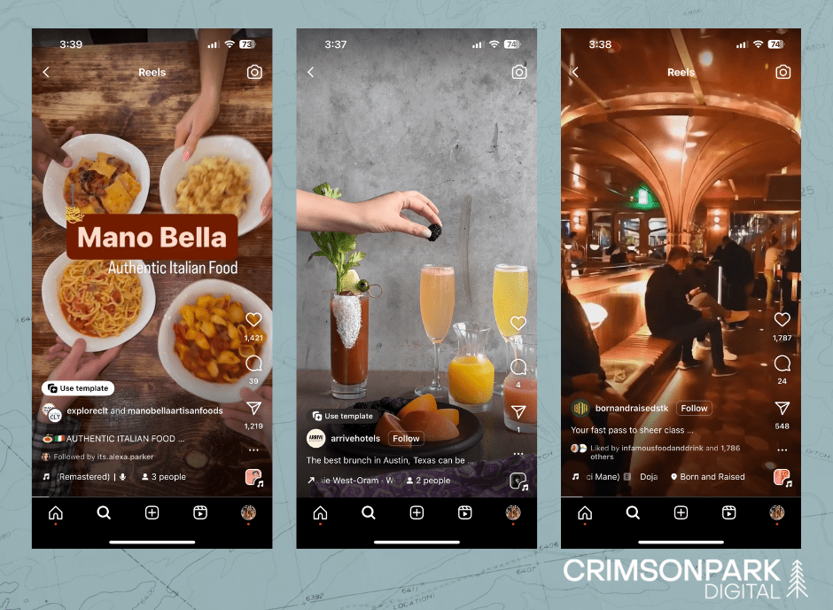 Screenshots from Instagram Reels shared by hospitality companies social media channels