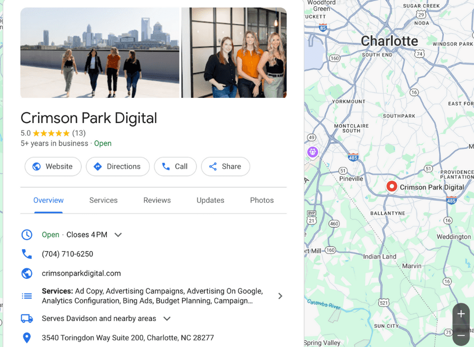 Crimson Park Digital Google Business Profile appearing in search results 