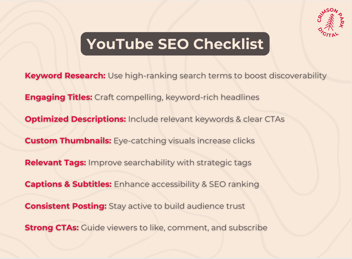 YouTube SEO Checklist includes Keyword Research, Engaging Titles, Optimized Descriptions, Custom Thumbnails, Relevant tags, Captions & Subtitles, consistent posting, and strong calls-to-action. 